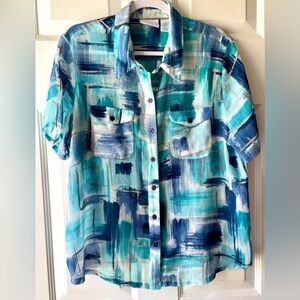 Alfred Dunner Turquoise Aqua Navy Blue Gray Abstract Sheer Crinkle Blouse Sz 18